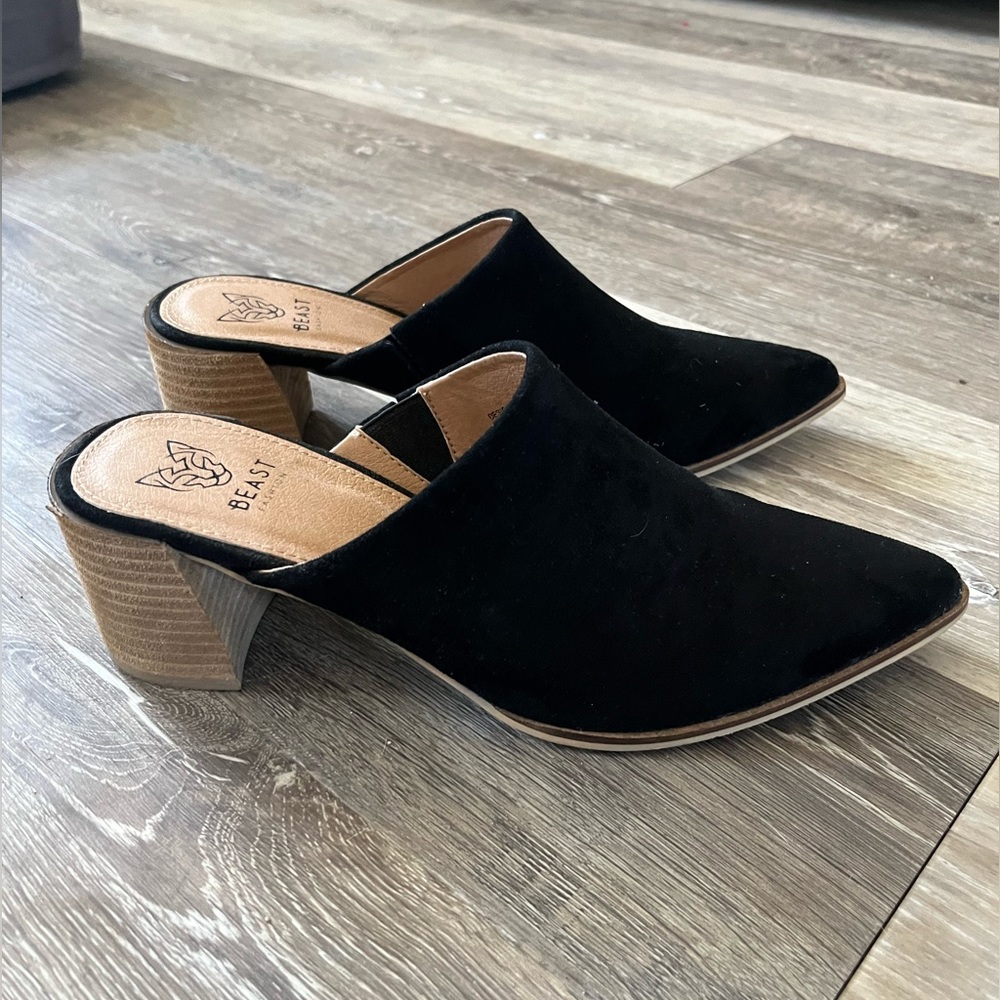 BEAST Black Faux Suede Mules, Sz 8.5